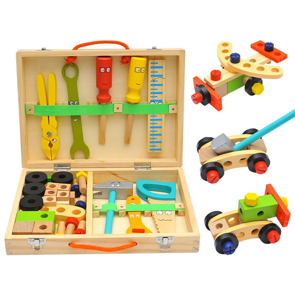Simulatie Reparatie Carpenter Tool Kids Houten Assembleren Toolbox Pretend Play Set Baby Educatief Speelgoed Assemblage Combinatie