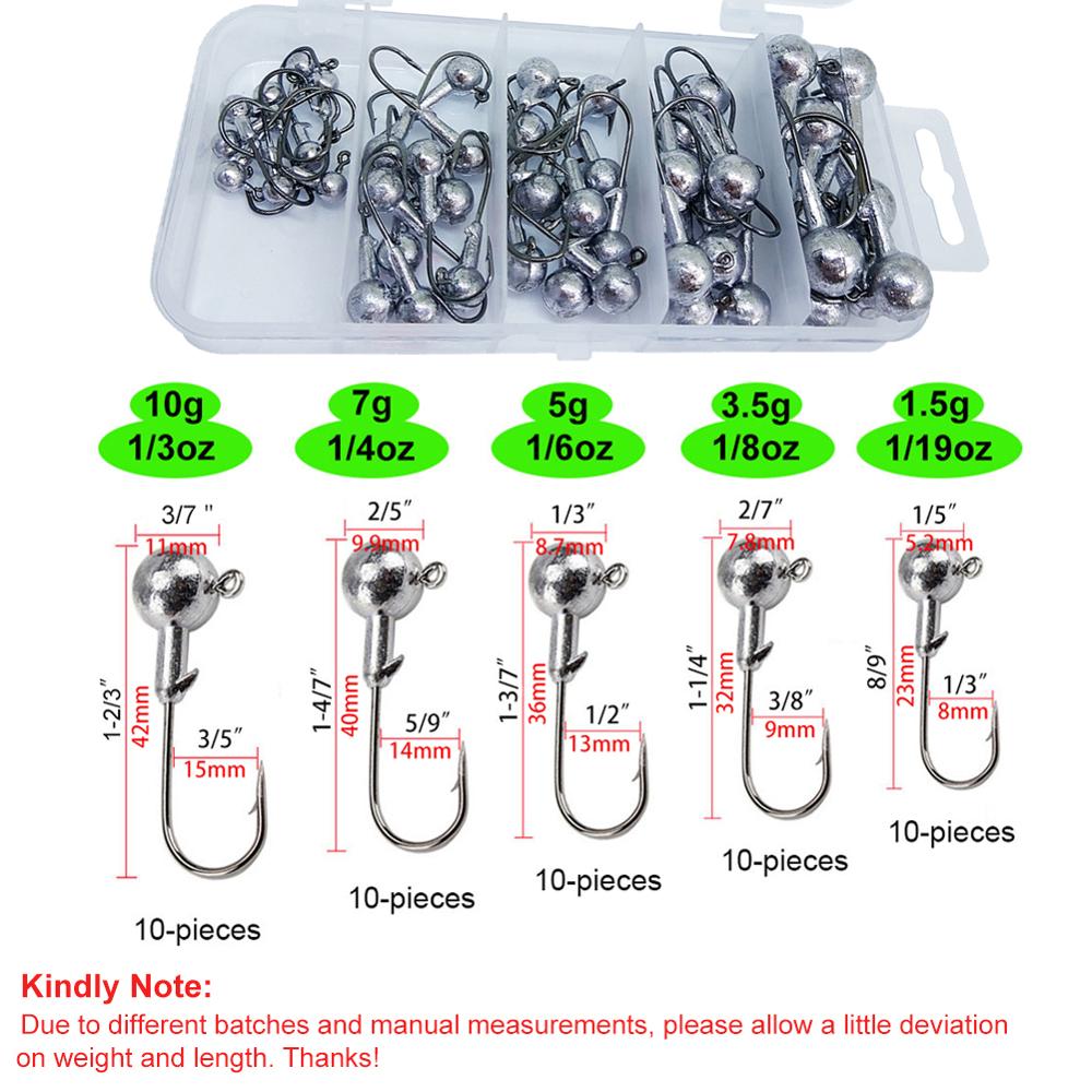 20-50pcs Jig Head Fishing Hooks Set 1.5g-20g Lead Jighead Fishhooks Jigging Hook Unpainted Worm Circle Hook for Carp Fishing