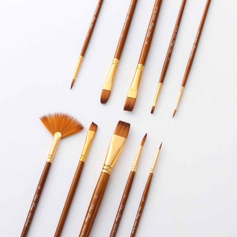 Juego de pinceles de nailon para pintura, Set de pinceles para pintura de pelo, varilla corta, pincel acrílico para aceite, pluma de acuarela, suministros de arte , 10 Uds.