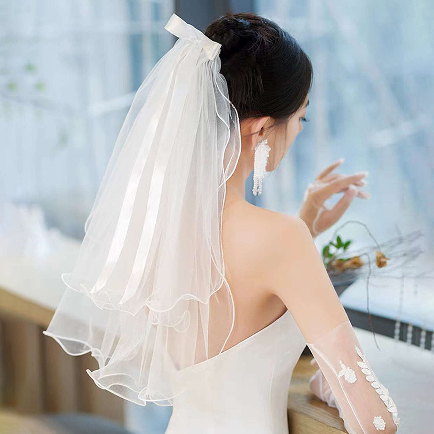 1 Uds. Velos de novia, pañuelo para la cabeza, velo blanco marfil, decoración para de cumpleaños y boda, accesorios para el cabello para cena de compromiso y despedida de soltera