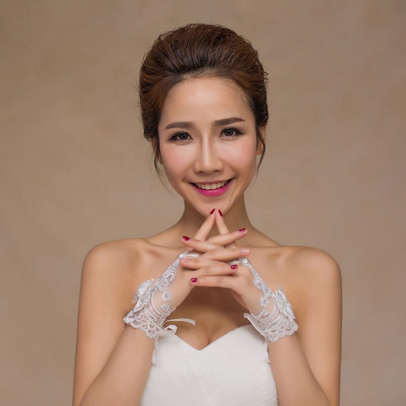 Guantes Blancos cortos de boda para mujer, guantes para novia sin dedos, de encaje rojo, accesorios de boda