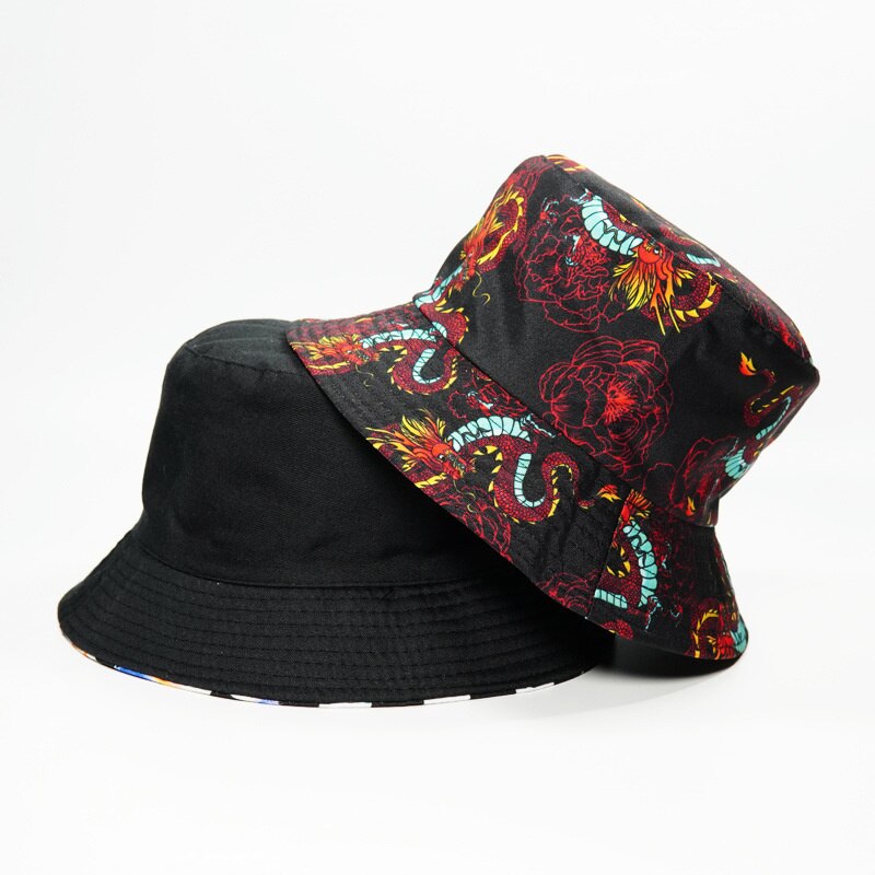 Korean Harajuku Hat Reversible Bucket Hats Men Dragon Print Hip Hop Caps Women Fishing Fisherman Hat