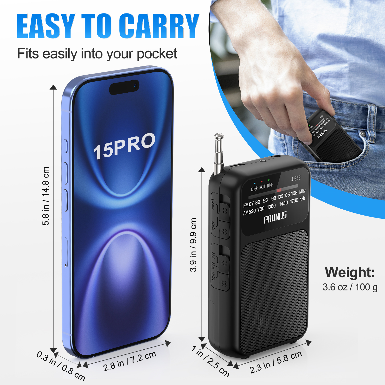 Mini Radio de bolsillo portátil AM FM AAA USB-C potencia 800mAh batería recargable excelente recepción altavoz transparente conector para auriculares