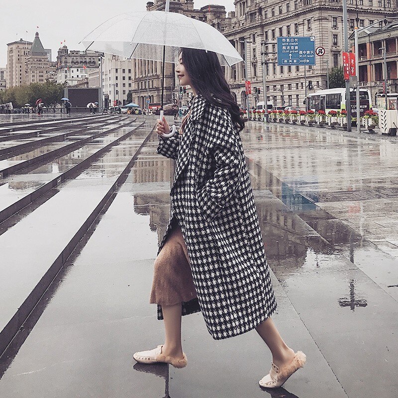 4XL grande taille Plaid laine hiver manteau femmes épais noir blanc Plaid décontracté Long manteau col rabattu lâche doux manteaux