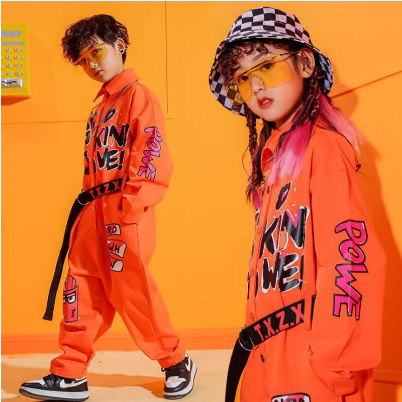 Los niños de manga corta fresca Hip Hop ropa mono naranja Mono para niñas niños traje de baile de Jazz de baile ropa