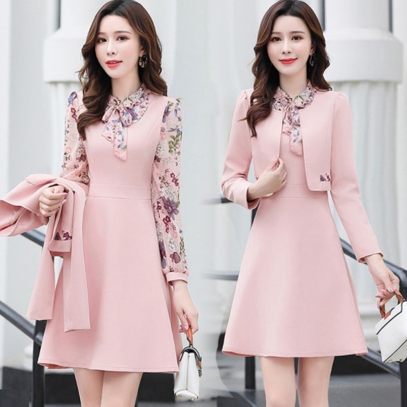 Damen Beiläufige Kurze Kleid Anzüge Süße Jacke und Kleid 2 Stück einstellen Outfit Büro Tragen Frauen Kleid mit Blazer Rosa gelb Grün: Rosa / M
