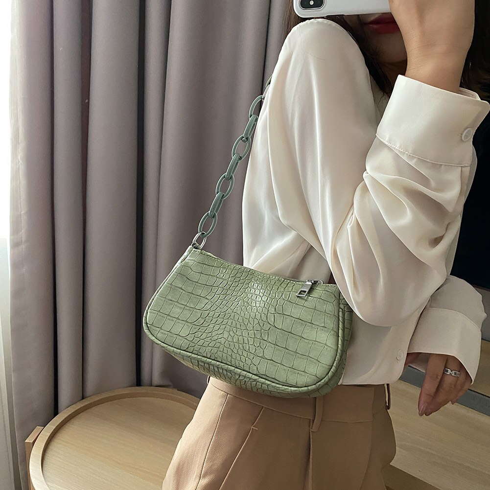 Sac à main Baguette motif Crocodile pour femmes, sac à épaule couleur bonbon avec chaîne, petits sacs sous les bras en cuir à la ,