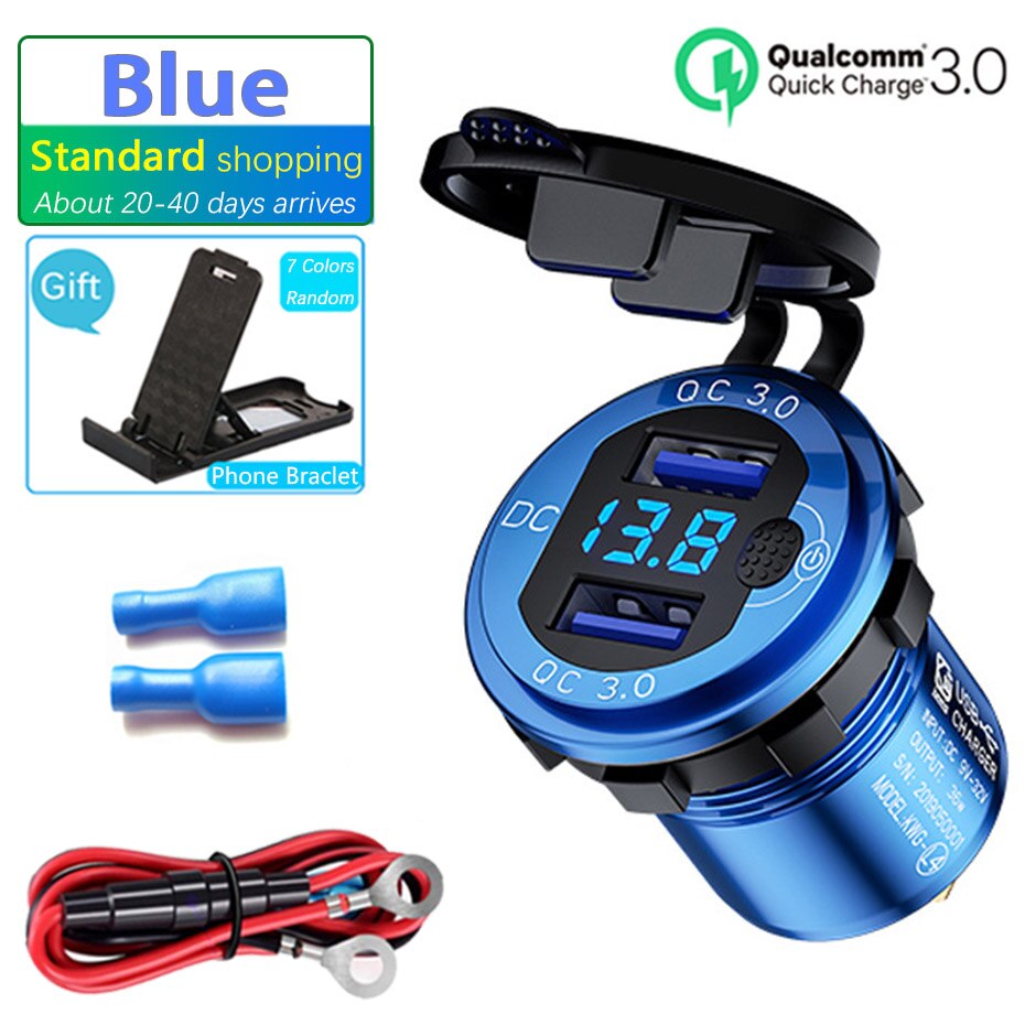 LED Display 36W QC3.0 Motorcycle USB 12V socket Metal Switch Waterproof Universal Truck Car Lighter Socket Plug For Phone Camera: Blue-Line-Standard