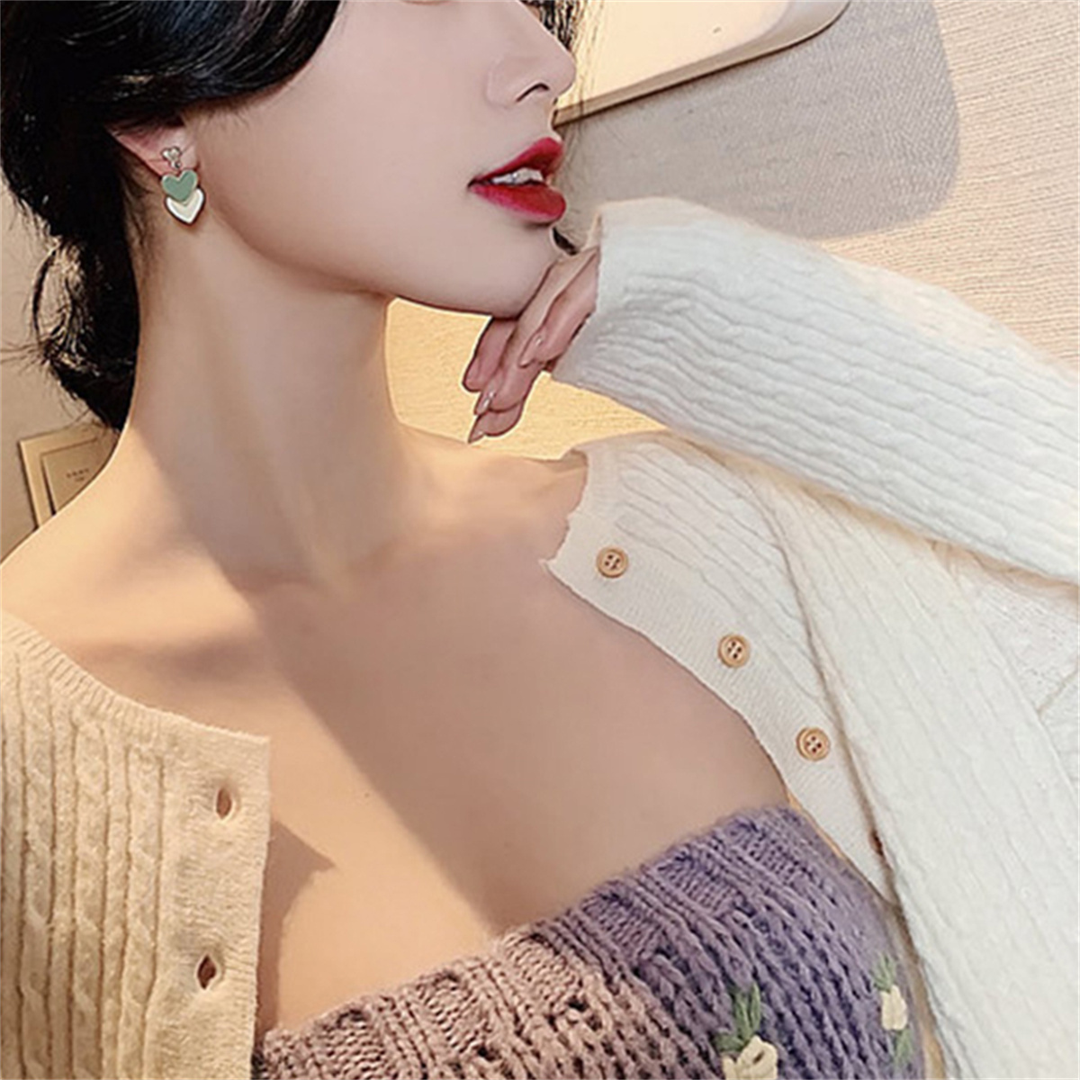 Boucles d'oreilles coréennes à Double cœur pour femmes, doux, blanc, vert, asymétriques, amour, déclaration, bijoux de fête pour filles,
