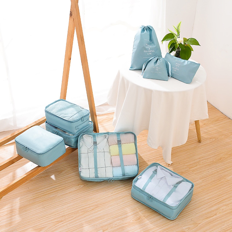 Conjunto de bolsas de armazenamento, 8 peças, 6 peças, viagem, casa, roupas, colcha, cobertor, partição de sapatos, organizador ordenado, mala de armário, bolsa, cubo de embalar