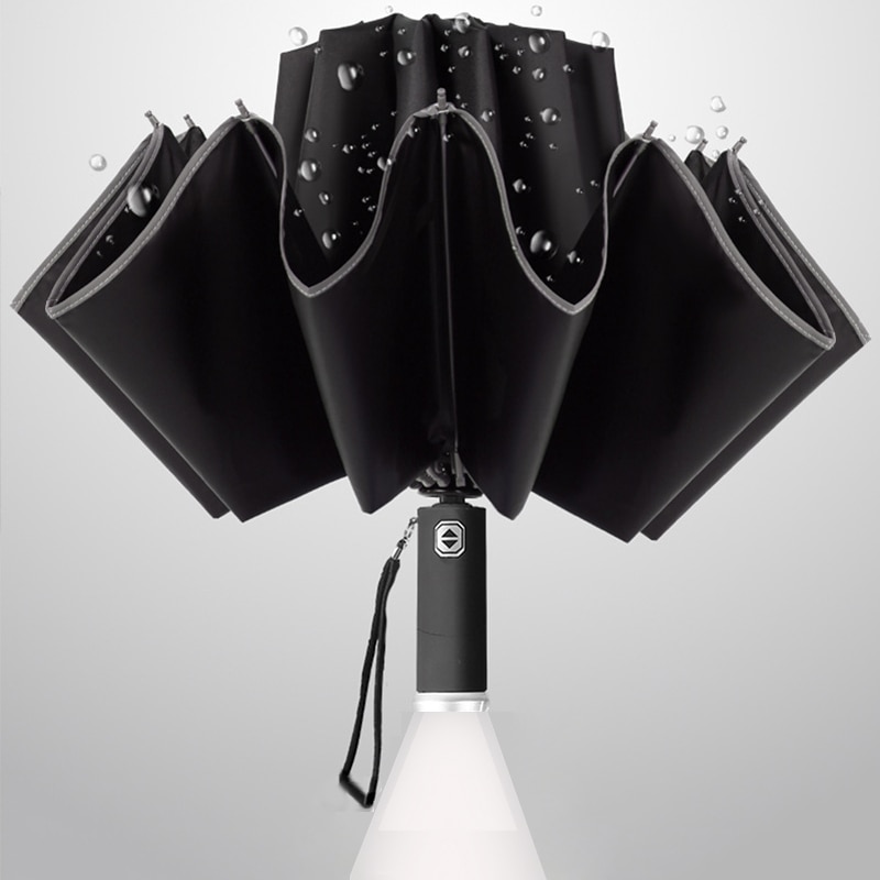 Women's Umbrella Automatic Windproof Fold Inverted Umbrella LED Flashlight 10/12K Reverse Reflective Stripe Rain Sun Umbrella