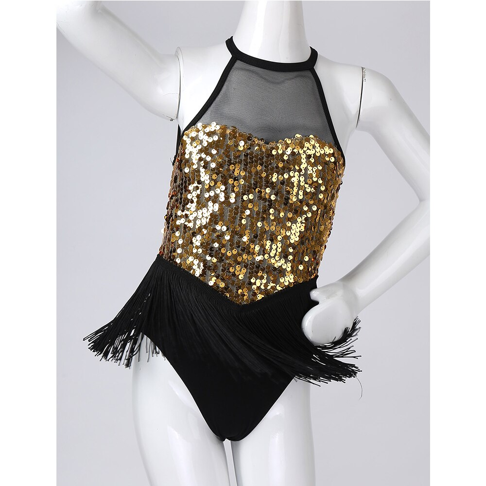 Enfants Paillettes Frange Sans Manches Justaucorps De Gymnastique pour Filles Ballet Rumba Salsa Jazz Danse Latine Robe Scène Performance Costume