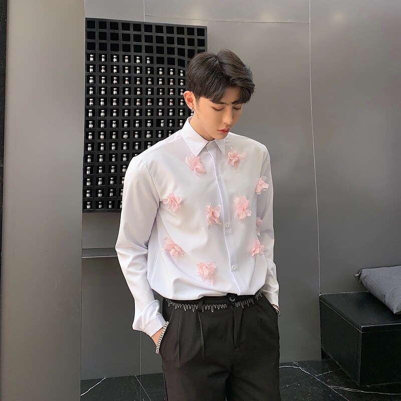 Men's White Shirt with Pink Flowers Decoration Stylish Shirts Long Sleeve Applique M-XL