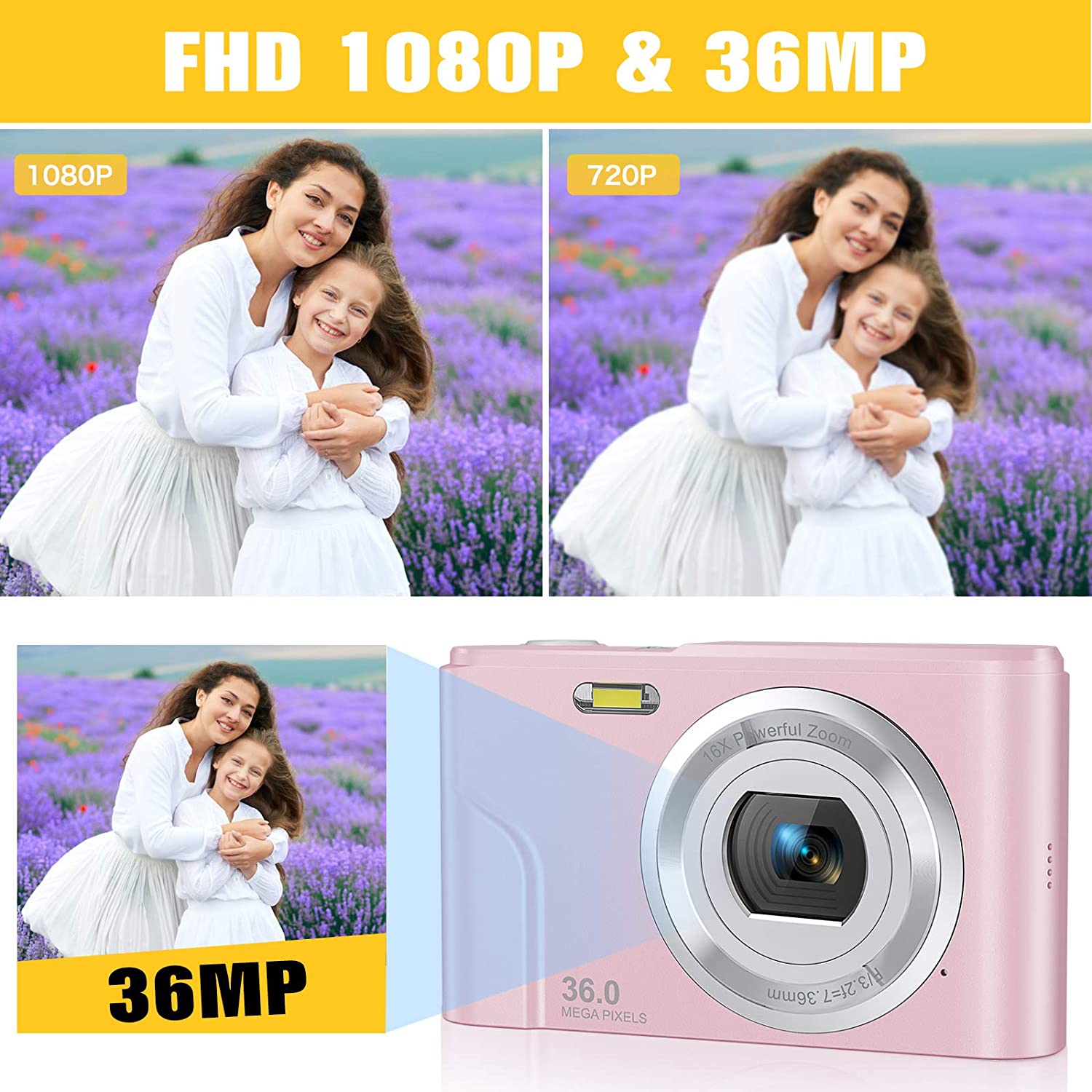 Digital Camera 36.0MP Vlogging Camera 16X Digital Zoom LCD Screen Compact Portable Mini Cameras for Students, Teens,