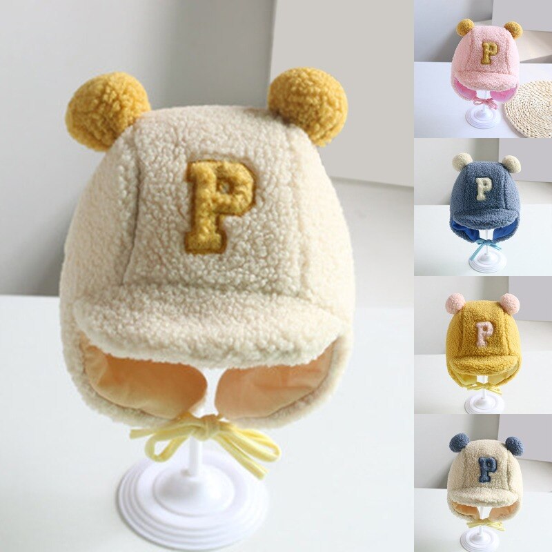 Inverno quente bebê meninos letra p cordeiro veludo earflap chapéu duplo pompom boné beanies para crianças criança gorro eargflap