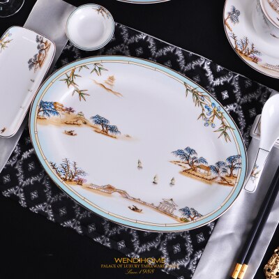 Luxury European Large Oval Ceramic Fish Plate Gold Head Show Dinner Plates Home Decoration Wedding: 04