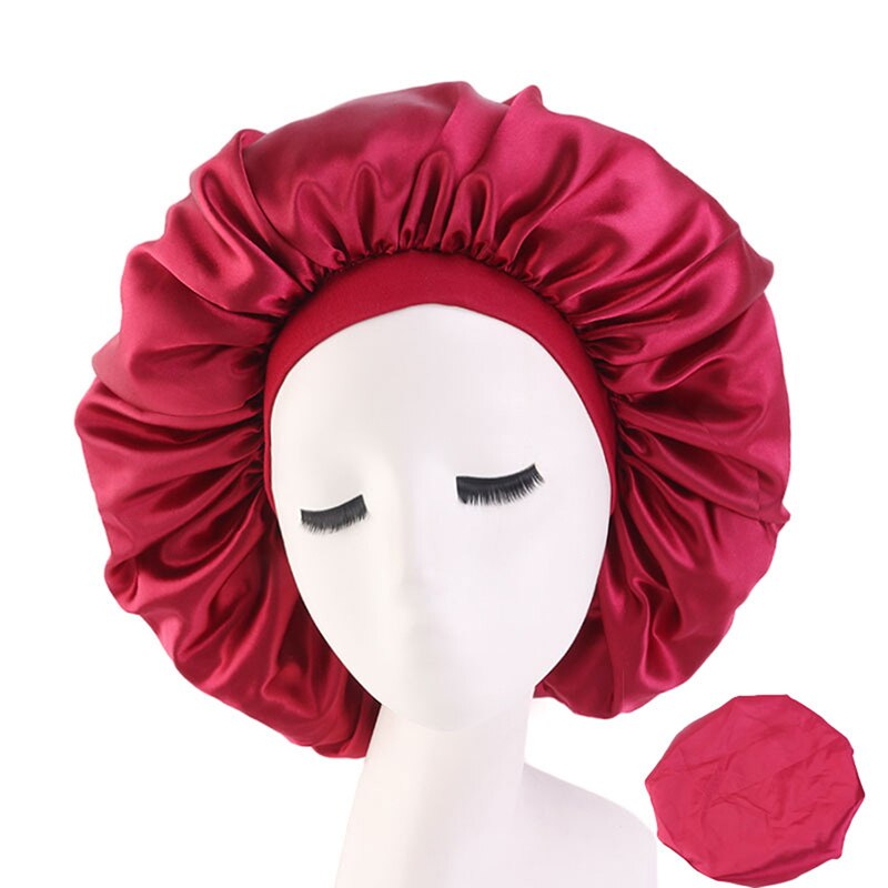 Satin hætte ensfarvet turban kemo hat kvinder bred elastik fast nattesøvn huer skullies kemo hue: Vin