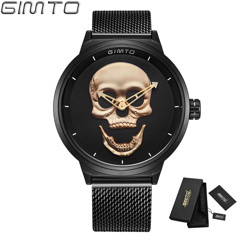 GIMTO-relojes casuales de acero inoxidable para hombre, reloj de pulsera masculino de cuarzo, con de calavera dorada, color negro: Gold with box
