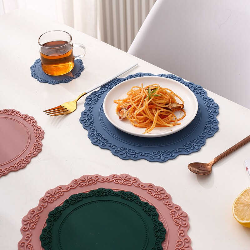 Dining Table Retro Embossed Craft Silicone Placemat European Style Lace Insulation Plate Mat Anti-scald Coaster Table Pads