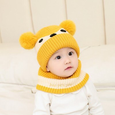 Kindermutsen, babymutsen, babymutsen voor mannen en vrouwen, gebreide mutsen, warme slabbetjes, tweedelige: Geel