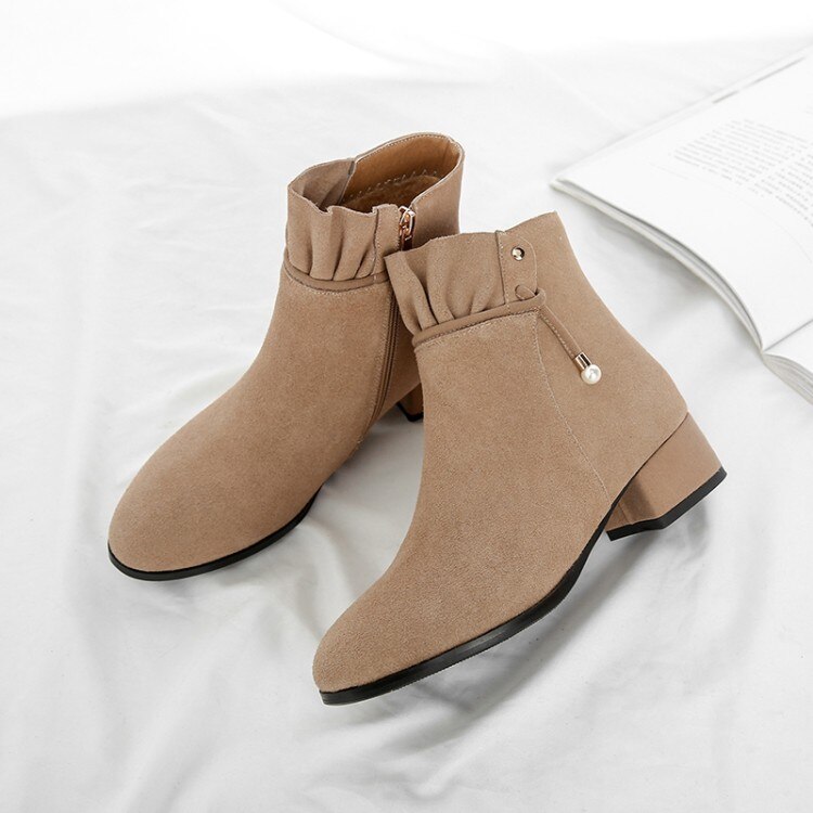 Bottines surdimensionnées en dentelle avec fermeture éclair latérale pour femme, chaussures d'hiver avec pendentif en perle, 11 à 12