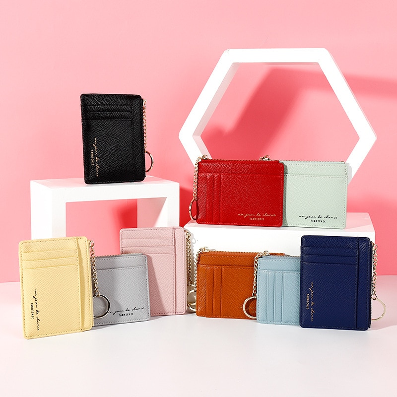 Brand Soft Leather Mini Women Card Holder Cute Credit ID Card Holders Zipper Slim Wallet Case Change Coin Purse Keychain