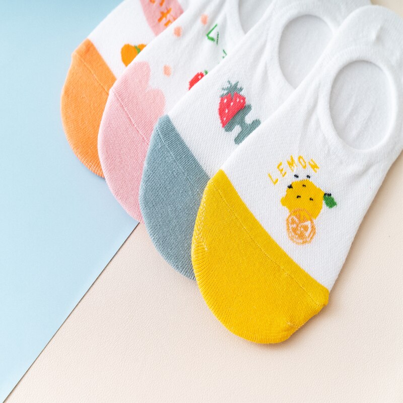 3 Pairs Lot Women Cotton Invisible Socks Cute Fruits Printed Harajuku Cartoon Casual Socks Strawberry Cherry Lemon Soft Sock