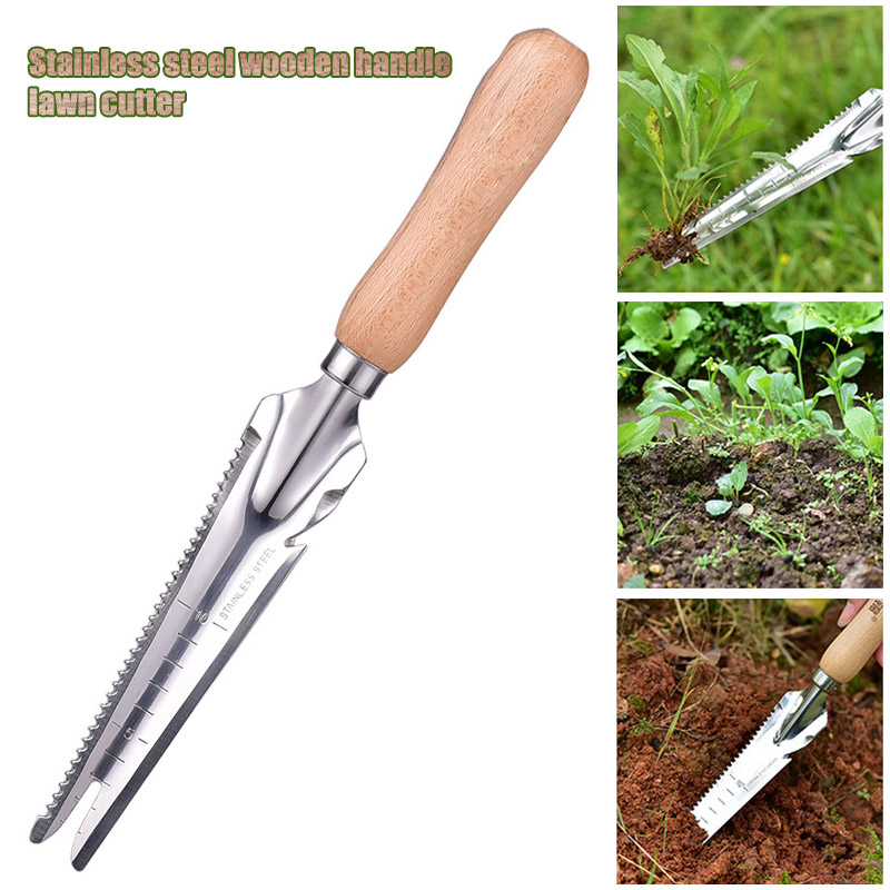 Garden Weeding Shovel Stainless Steel Hand Cutter Wooden Handle Digging Transplanting Weeding Tools P666