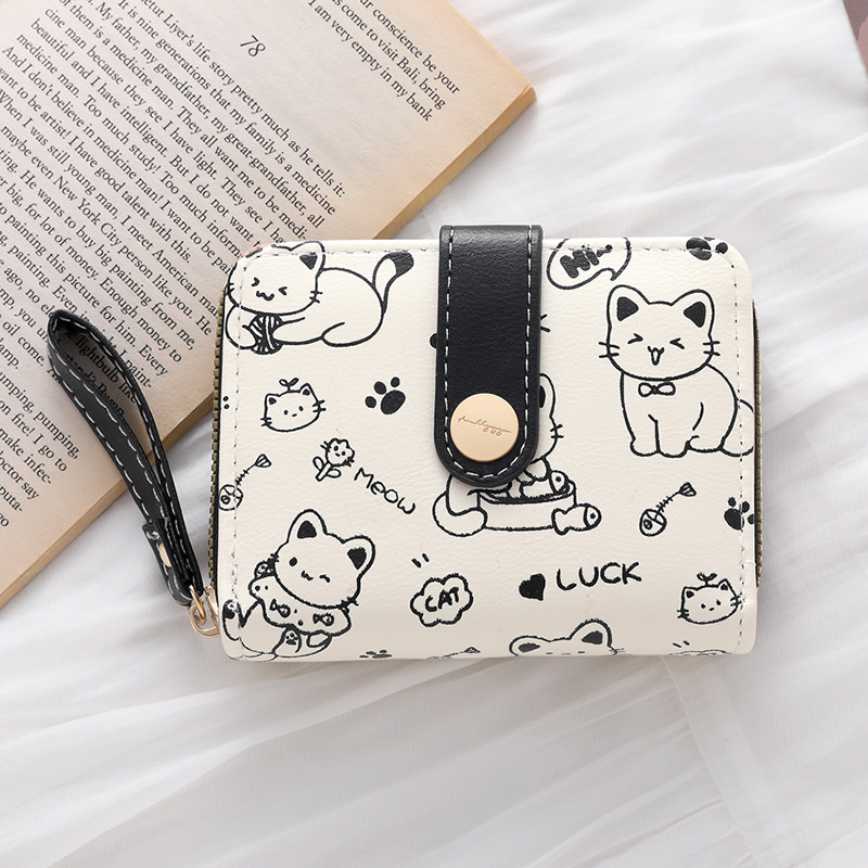 Minimalist Cute Cat Wallet Women Japanese Style Snap Closure Coin Pocket Hand Strap Multi-Function: SKY BLUE