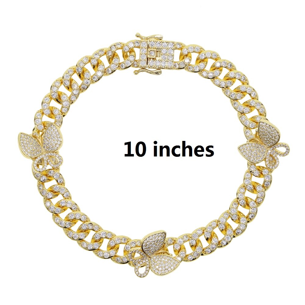 10Mm Breedte Micro Pave Cz Cubaanse Link Enkelbandje Leuke Vlinder 9Inch 10Inch Iced Out Bling Cz Miami cubaanse Enkelbandje Voet Been Sieraden: gold 25cm