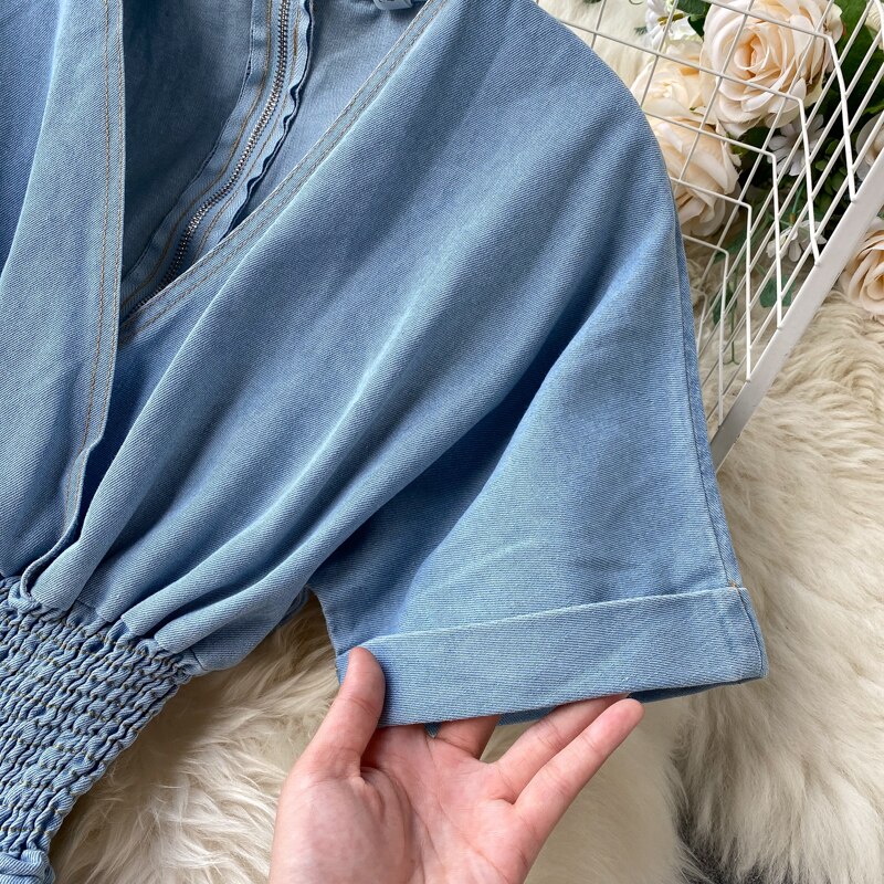 Combinaison Jean bleu uni pour femme, col en v, manches chauve-souris, taille élastique, tunique Jean, salopette décontracté