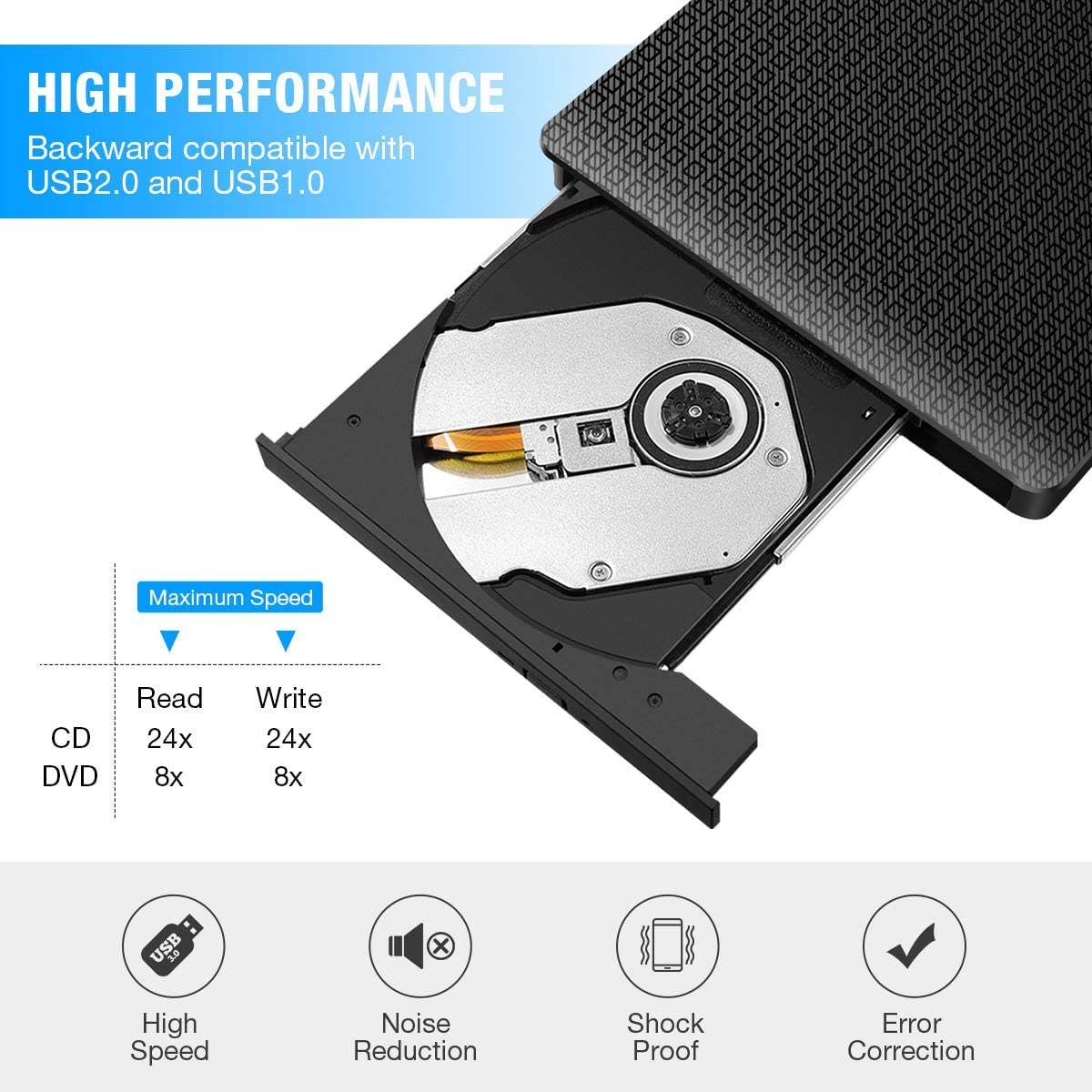EIVOTOR-Unidad óptica externa USB 3,0, reproductor de DVD-RW, grabador de CD y DVD, compatible con transferencia de datos de 2MB para PC y portátil
