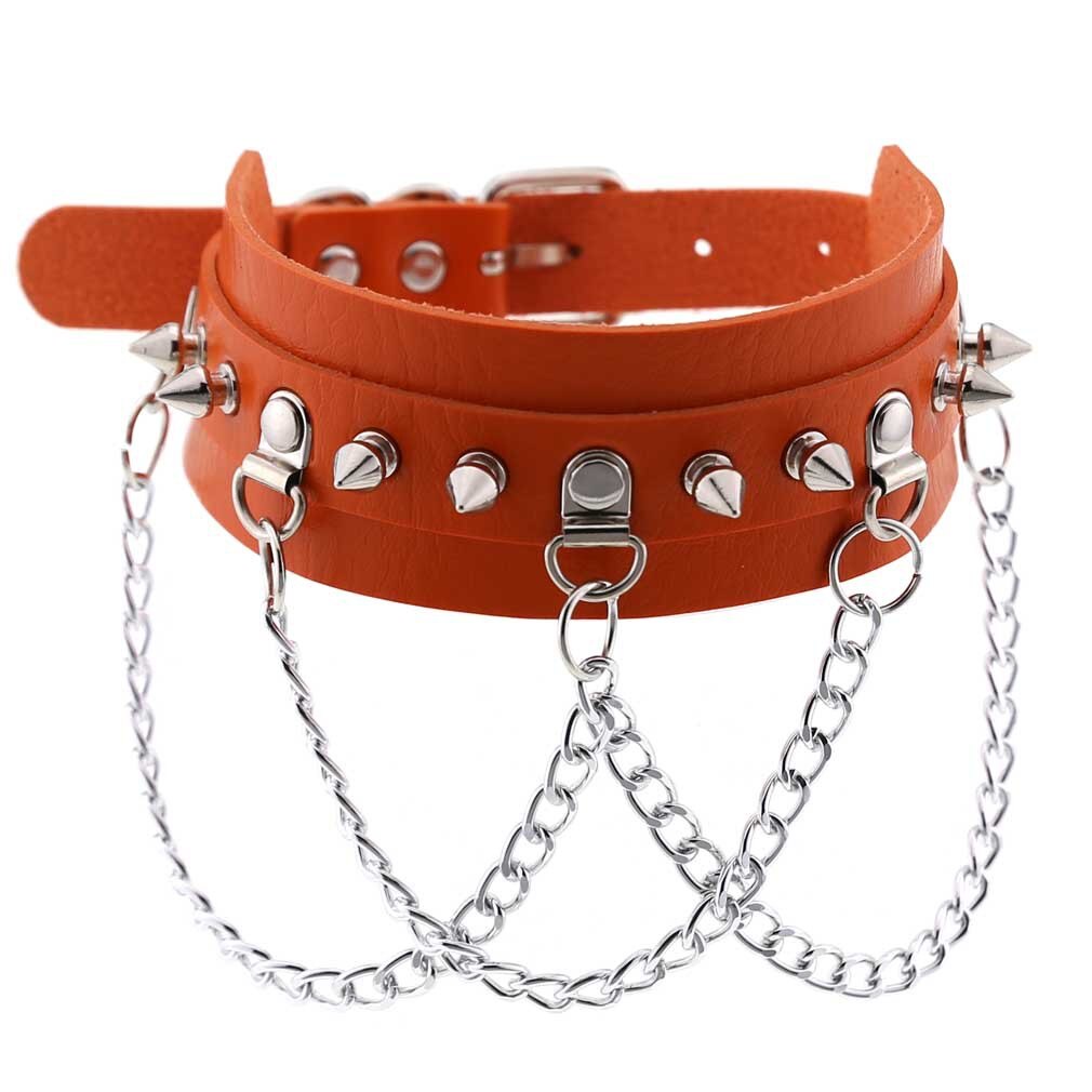 Gothic exaggerated PU leather collar necklace punk metal chain neckband clavicle chain spiked choker big spike choker: Orange