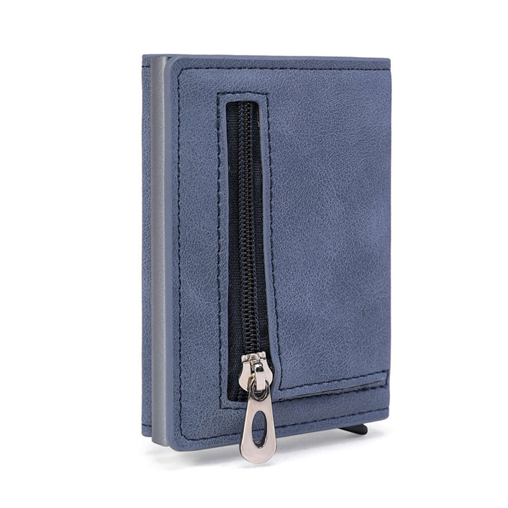 Zovyvol Credit Kaarthouder Aluminium Doos Card Portemonnee Rfid Pu Leer Pop Up Card Case Magneet Carbon Fiber portemonnee: Blue YMS075