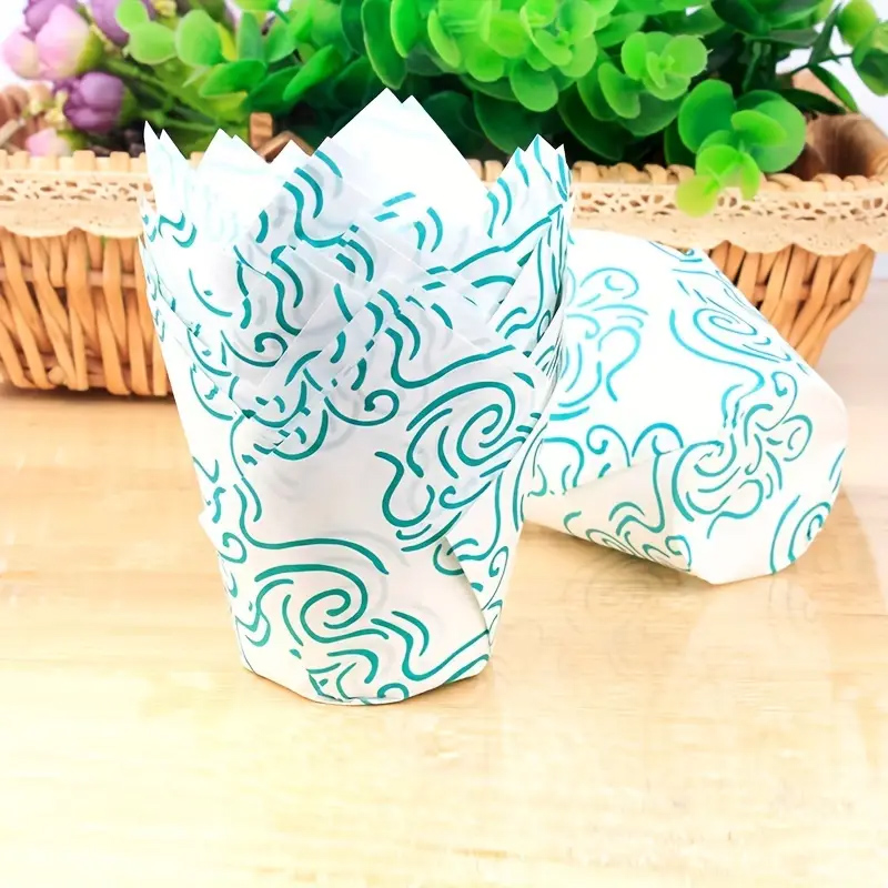 40/100/200 Stück Tulpen-Cupcake-Einlagen, Muffin-Cupcake-Papierverpackungen mit Golddruck, Backbecherhalter für Hochzeit, Geburtstag: Option15 / Himmel Blau