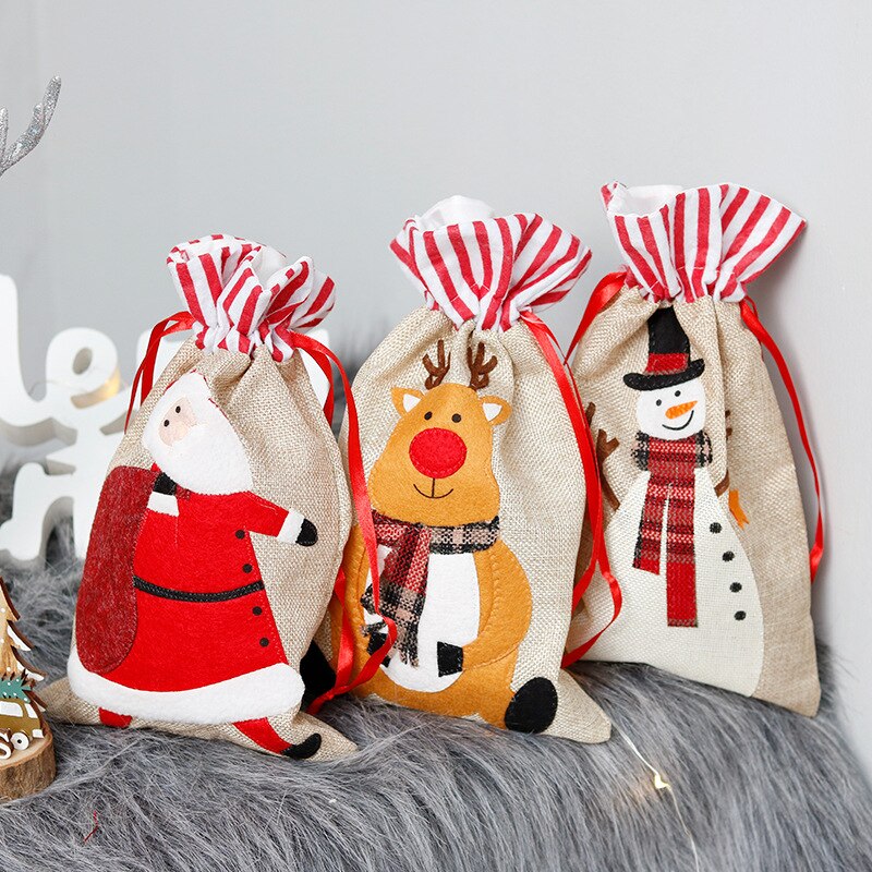 1pc Weihnachten Jute Tuch Kordel tasche Tasche Süssigkeit Paket Leinen Taschen für Weihnachten Party Neue Jahr Liefert navidad