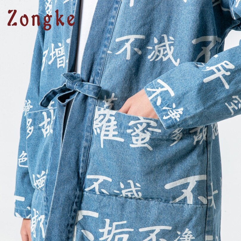 Zongke Chinese Buddhist Scripture Print Kimono Cardigan Japanese Kimono Men Jacket Streetwear Mens Kimono Denim Jacket Men