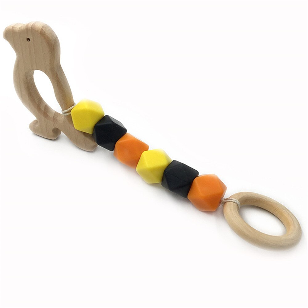 Mordedor de madera para bebé, juguete con cuentas de dentición con de ganchillo de zorro, erizo, elefante, pájaro, juguete para niños, pulsera con cadena para dentición