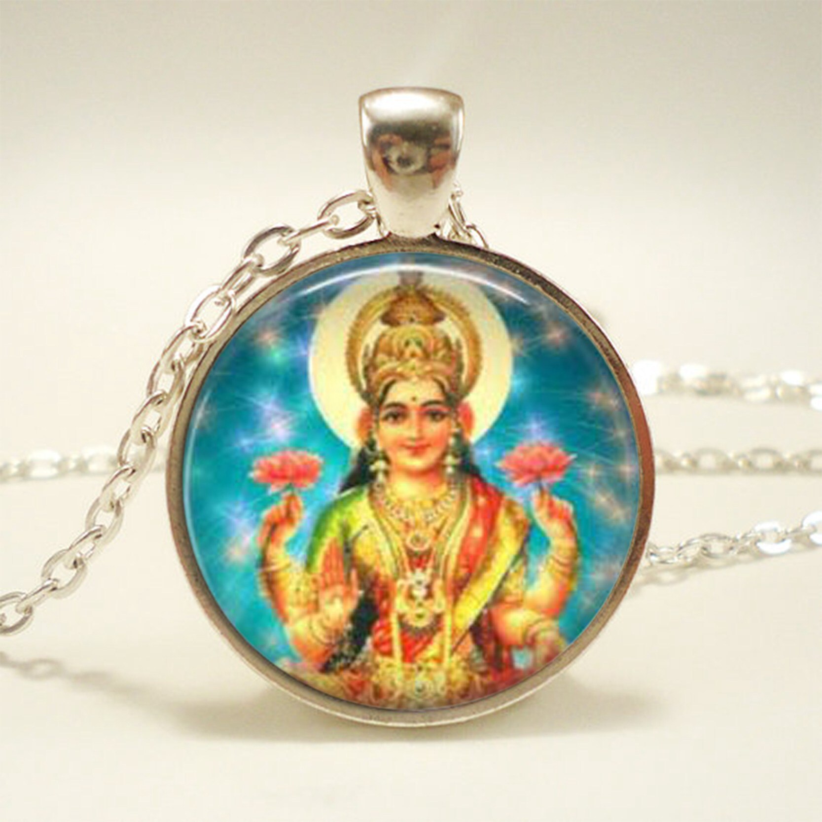 Krishna and Radha Amulet Necklace Glass Cabochon Jewelry Silver Chain Lakshmi Pendant Hinduism Shiva Necklace for Women: 5