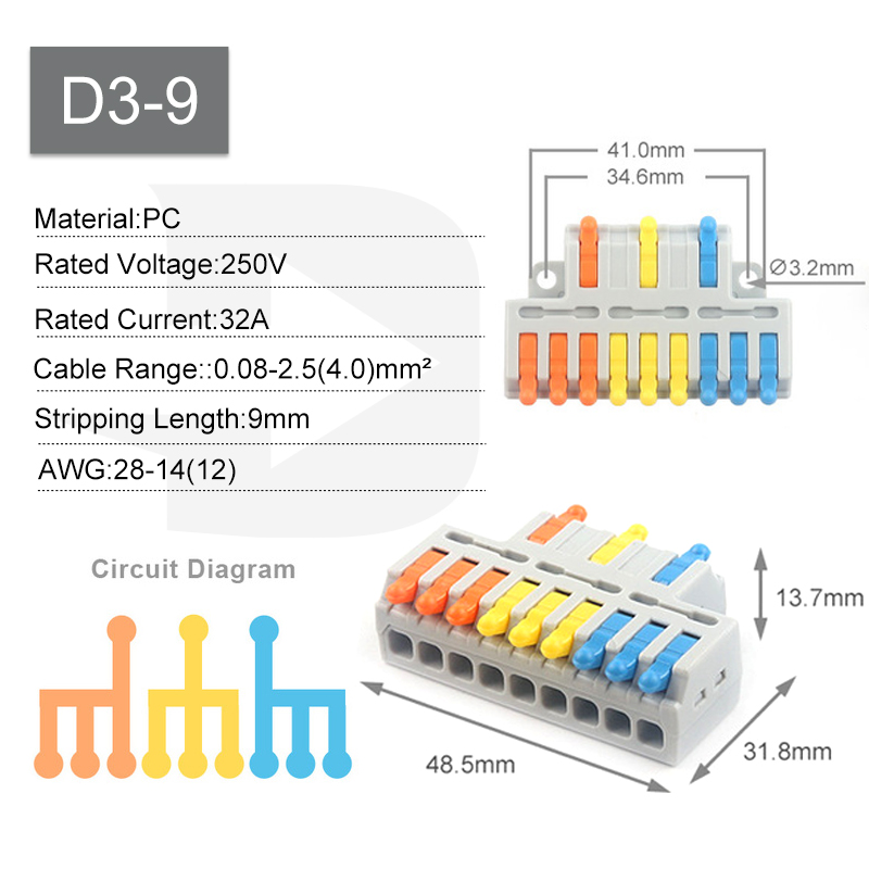 Quick Wiring Cable Connectors 2/3Pin Universal Compact Electrical Conductors SPL Splicing Splitter Push-in Home Terminal Block: Silver