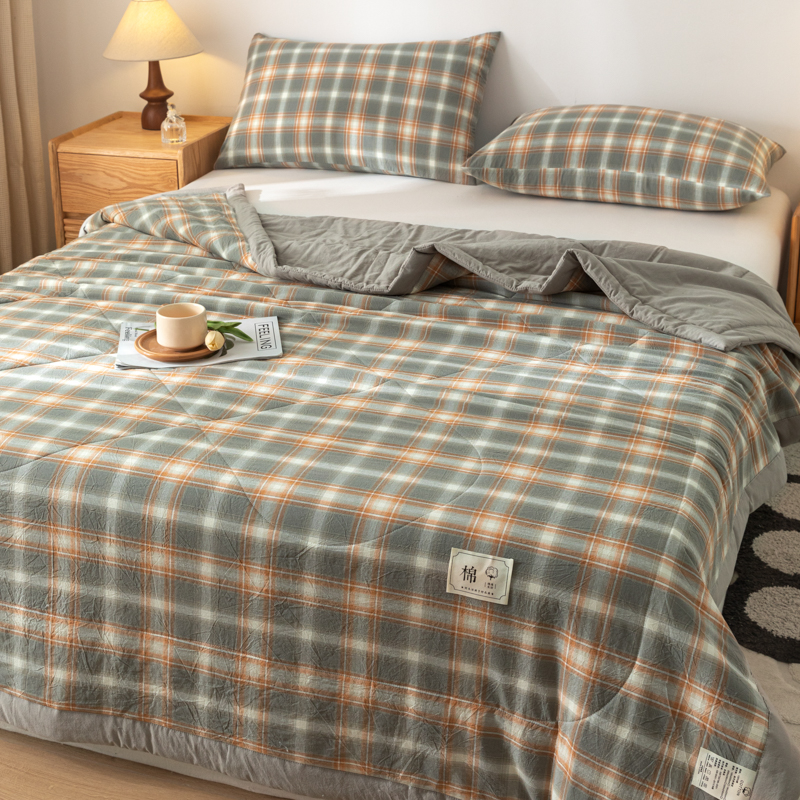 Edredón acolchado con aire acondicionado, edredón 100% de algodón puro lavable de verano, edredón suave a cuadros para edredón individual de tamaño queen doble