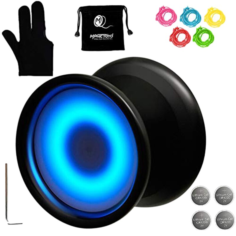 icyoyo Y02-Aurora Light Up Unresponsive Yoyo with Led Lights with Glove,Yoyo Holster,5 Strings,Blue Led Light: Black