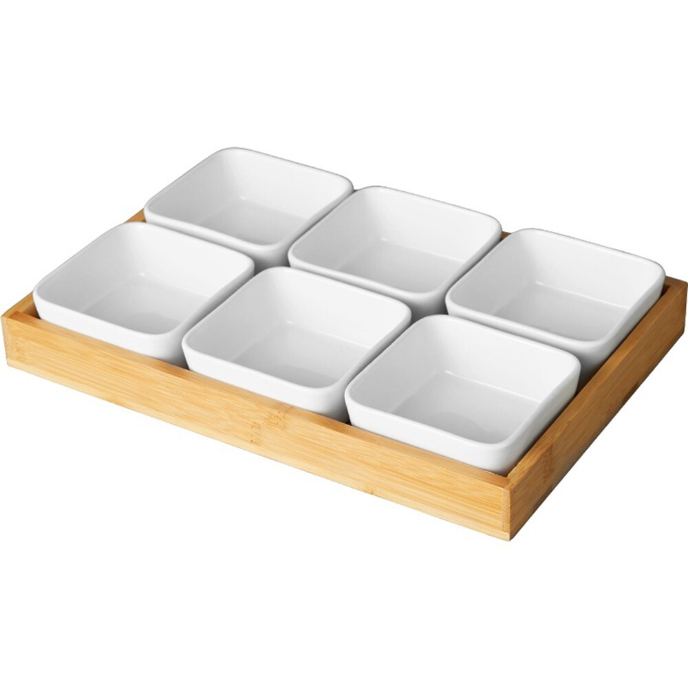Japan Style Kitchen Organizer Ceramic Bowls Food Storage Containers with Bamboo Lid and Pallets Snack Serving Tray: 6 Bowls no Lid