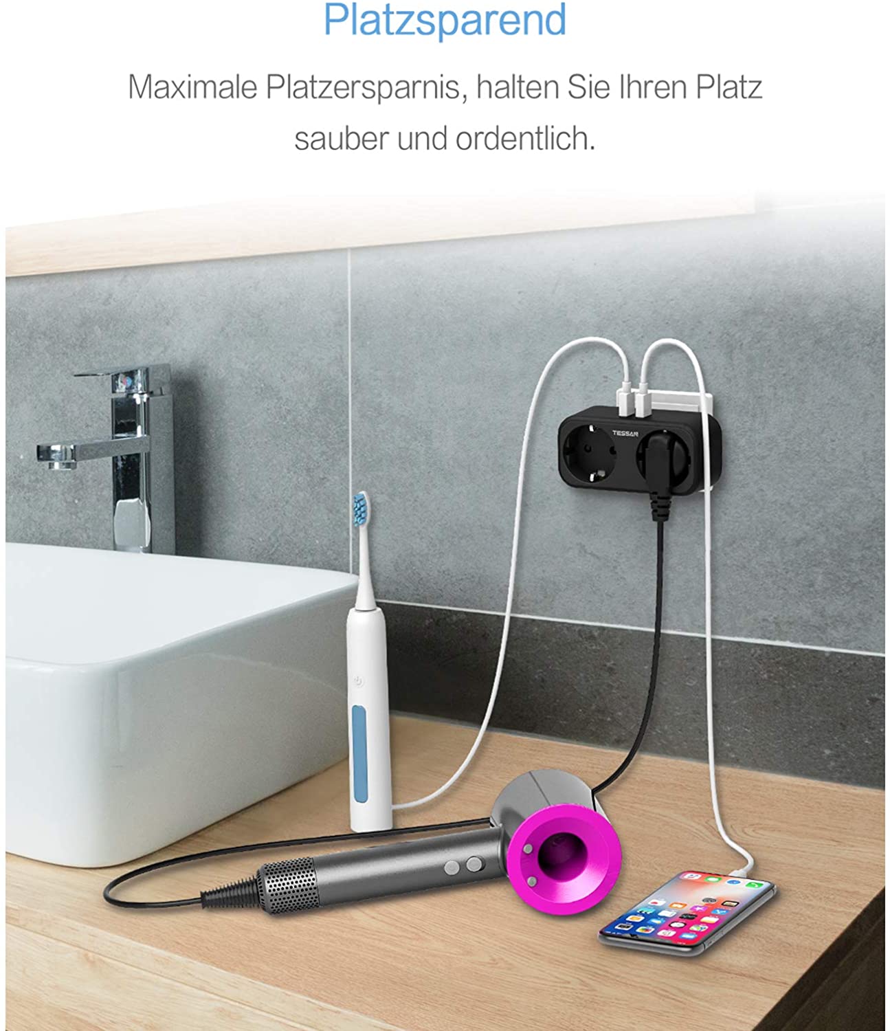 TESSAN – barre d&#39;alimentation d&#39;extension de prise européenne, avec 2 prises EU et 2 Ports de charge USB (5V 2,4 a), prise murale, adaptateur de voyage