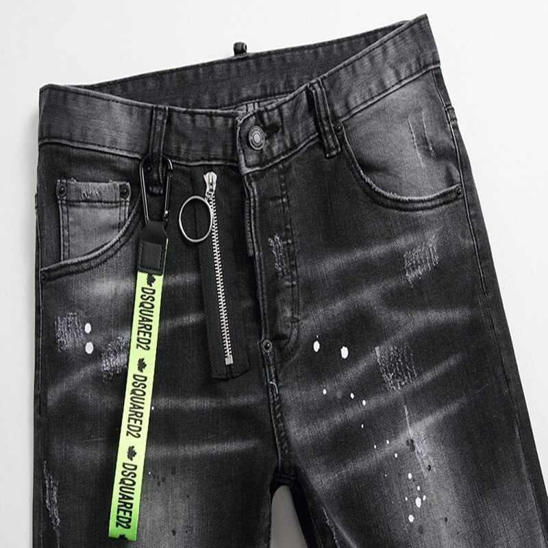 Jean déchiré avec icône de peinture noire pour hommes, 2022, fermeture éclair sauvage, décoration, personnalité, 1056
