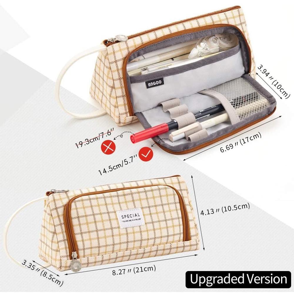 Angoo Special Grid Pen Pencil Case, Multi Slot Plaid Storage Bag, Big Organizer for Students Art Tool Kits