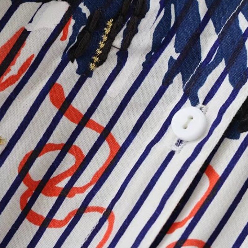 Mujeres bordado de lentejuelas estampado a rayas Sparkles Blusa Camisa de algodón de manga larga Ropa de Trabajo Oficina señoras Top Camisa Blusa Mujer