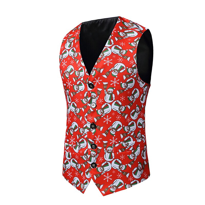 Christmas Print Suit Vest Men Brand Slim Fit Sleeveless Vests Waistcoat Men Xmas Dinner Banquet Ball Wedding Gilet Costume