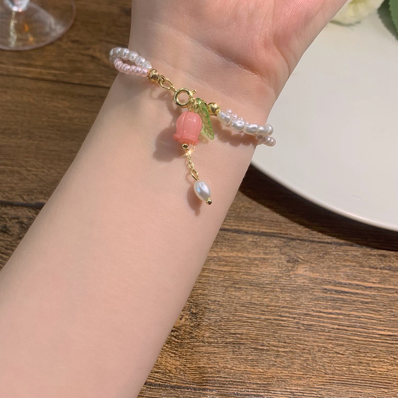 Koreanische Licht Luxus Tulpe Blume Armbinde Für Frauen glänzend Zirkon Opal Perle Perlen Rose Einstellbare Charme Armbinde modisch Schmuck: Hellgelb Gold Farbe