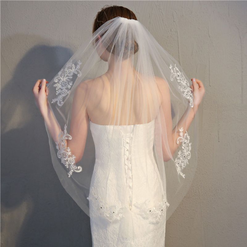 Velo de boda corto de una capa para mujer, malla con los dedos, bordado Floral, encaje de retazos, diamantes de imitación brillantes, velo de novia con peine